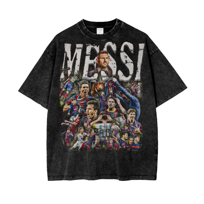 Vintage Lionel Messi Graphic Acid Wash Oversize T-Shirt - 250 GSM