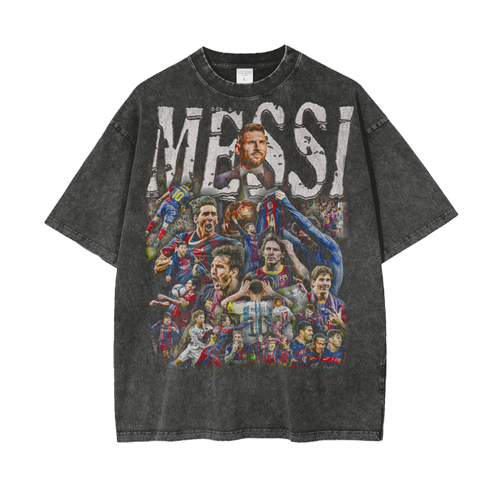 Vintage Lionel Messi Graphic Acid Wash Oversize T-Shirt - 250 GSM