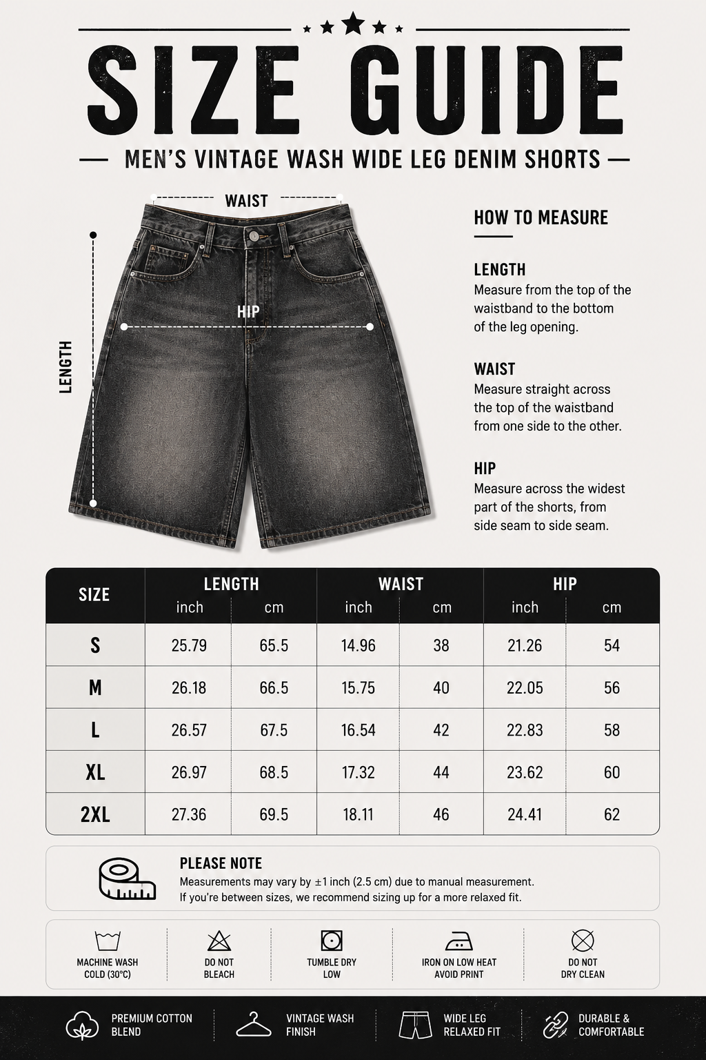 Vintage Graphic Footy Men’s Vintage Wash Wide Leg Denim Shorts