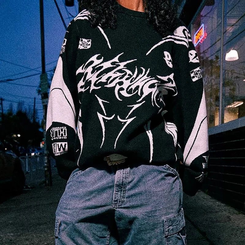 Graphic Footy Oversized Knit Sweater – Men’s Y2K Goth Streetwear Pullover