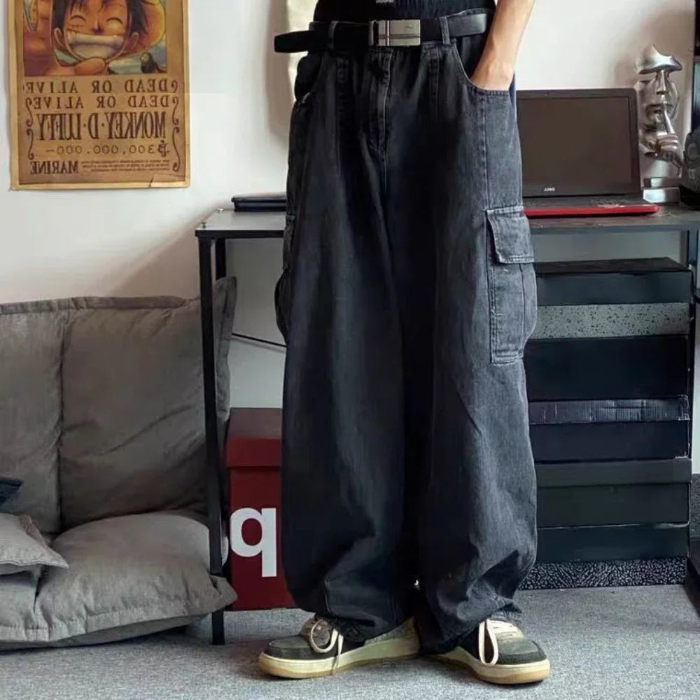 Graphic Footy Oversized Black Baggy Denim Cargo Jeans – Korean Streetwear Style
