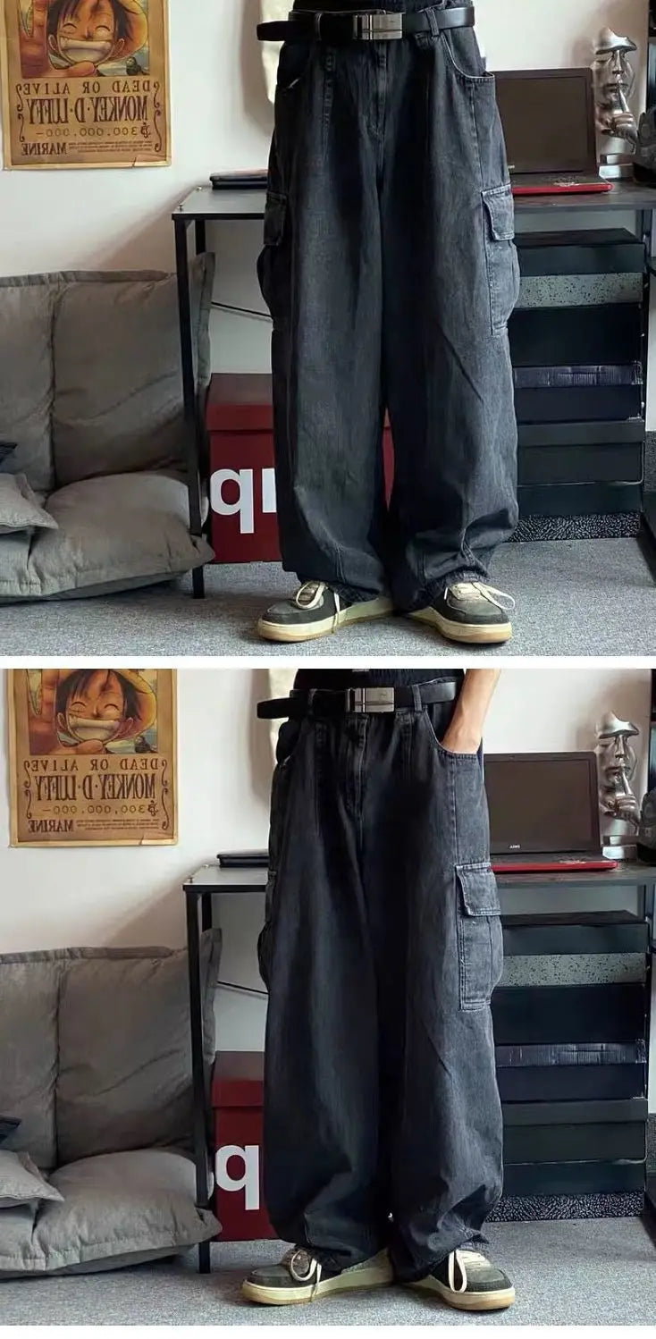 Graphic Footy Oversized Black Baggy Denim Cargo Jeans – Korean Streetwear Style
