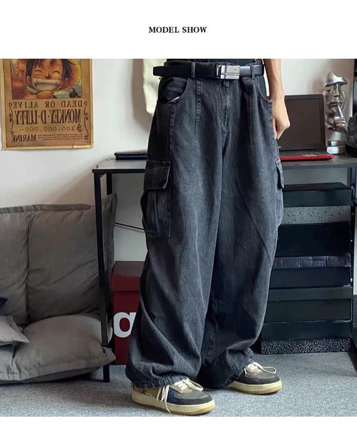 Graphic Footy Oversized Black Baggy Denim Cargo Jeans – Korean Streetwear Style