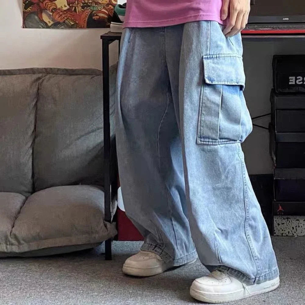 Graphic Footy Oversized Black Baggy Denim Cargo Jeans – Korean Streetwear Style