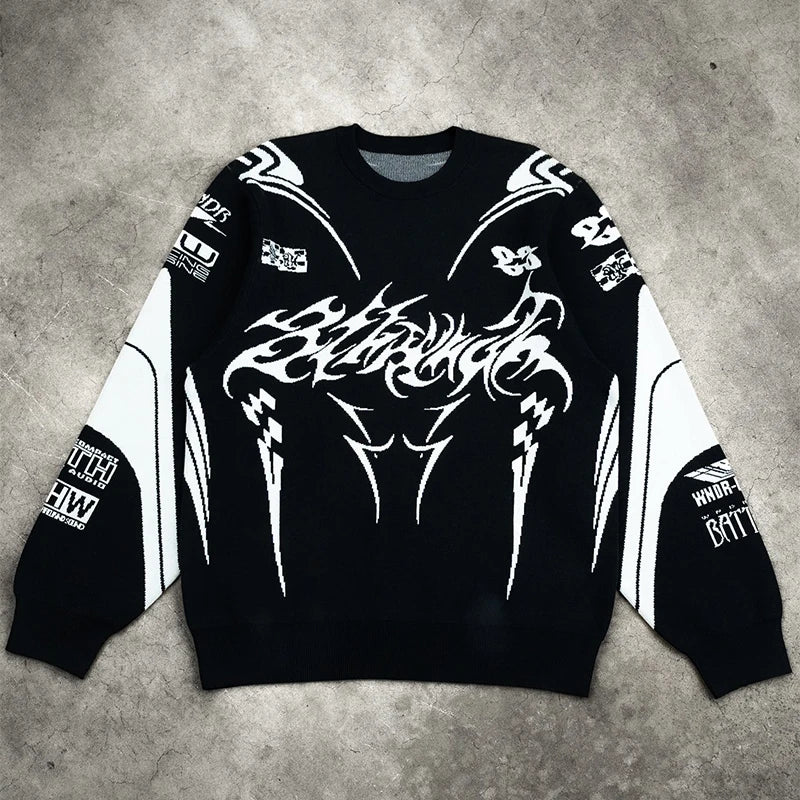 Graphic Footy Oversized Knit Sweater – Men’s Y2K Goth Streetwear Pullover