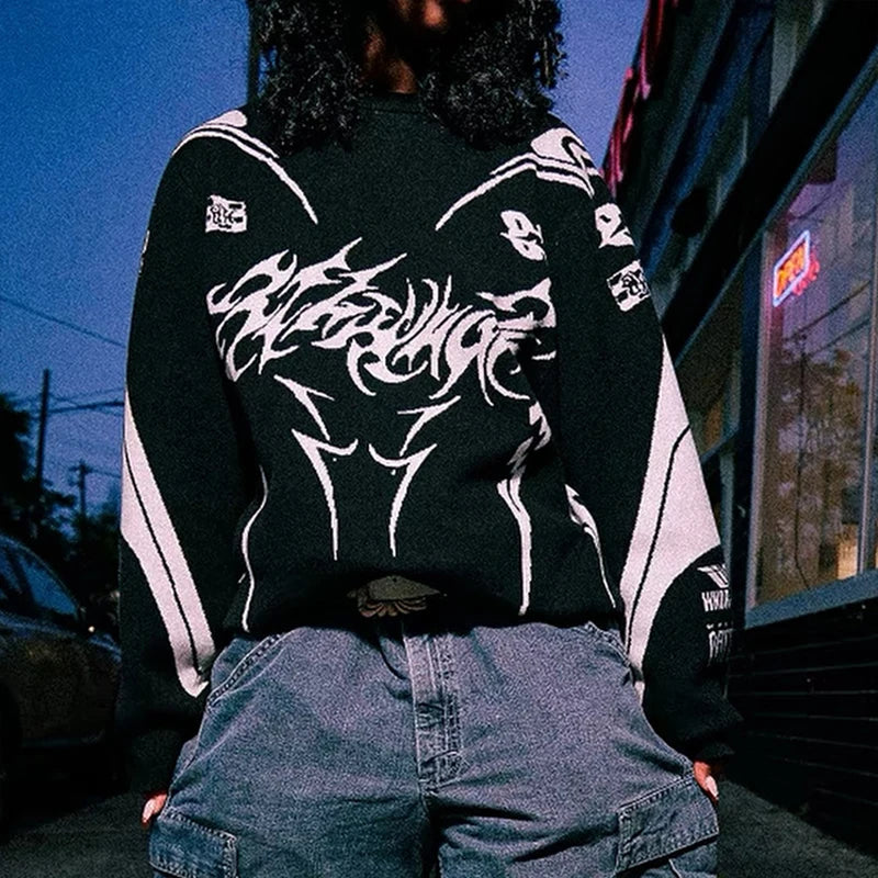 Graphic Footy Oversized Knit Sweater – Men’s Y2K Goth Streetwear Pullover