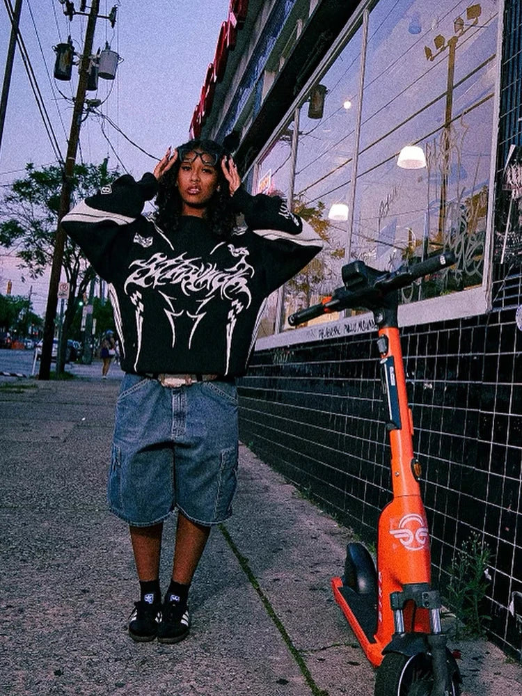 Graphic Footy Oversized Knit Sweater – Men’s Y2K Goth Streetwear Pullover