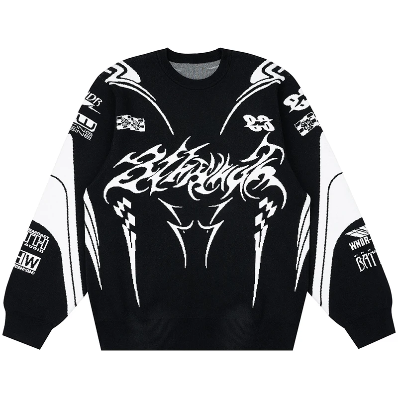 Graphic Footy Oversized Knit Sweater – Men’s Y2K Goth Streetwear Pullover