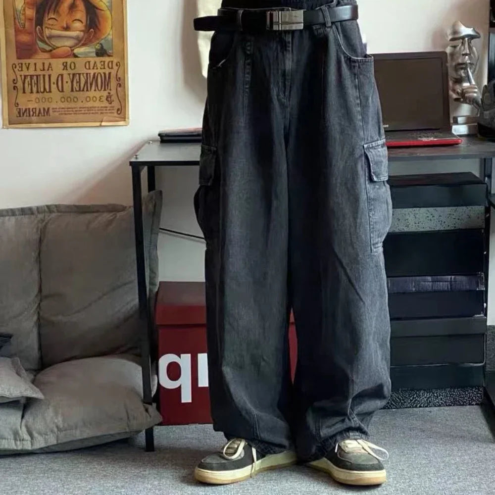 Graphic Footy Oversized Black Baggy Denim Cargo Jeans – Korean Streetwear Style