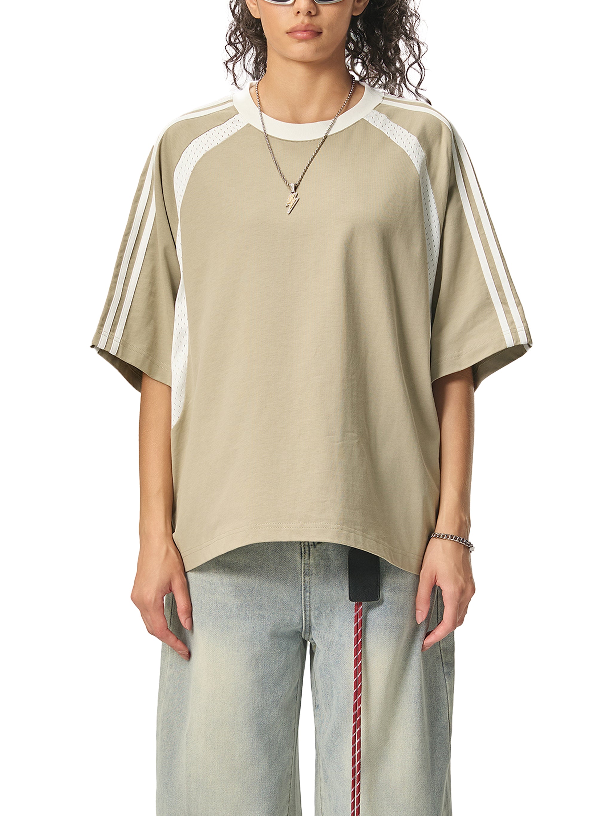 Graphic Footy Contrast Stripes Panel Mesh T-shirt