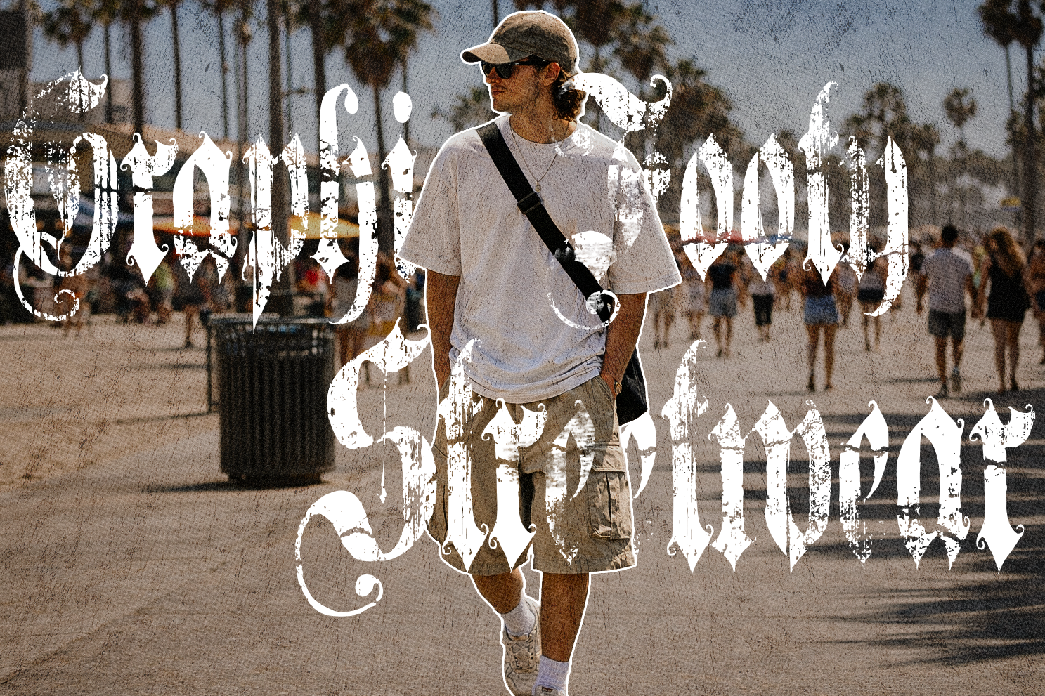 Man walking on a beach with palm trees and people in the background, text overlay.