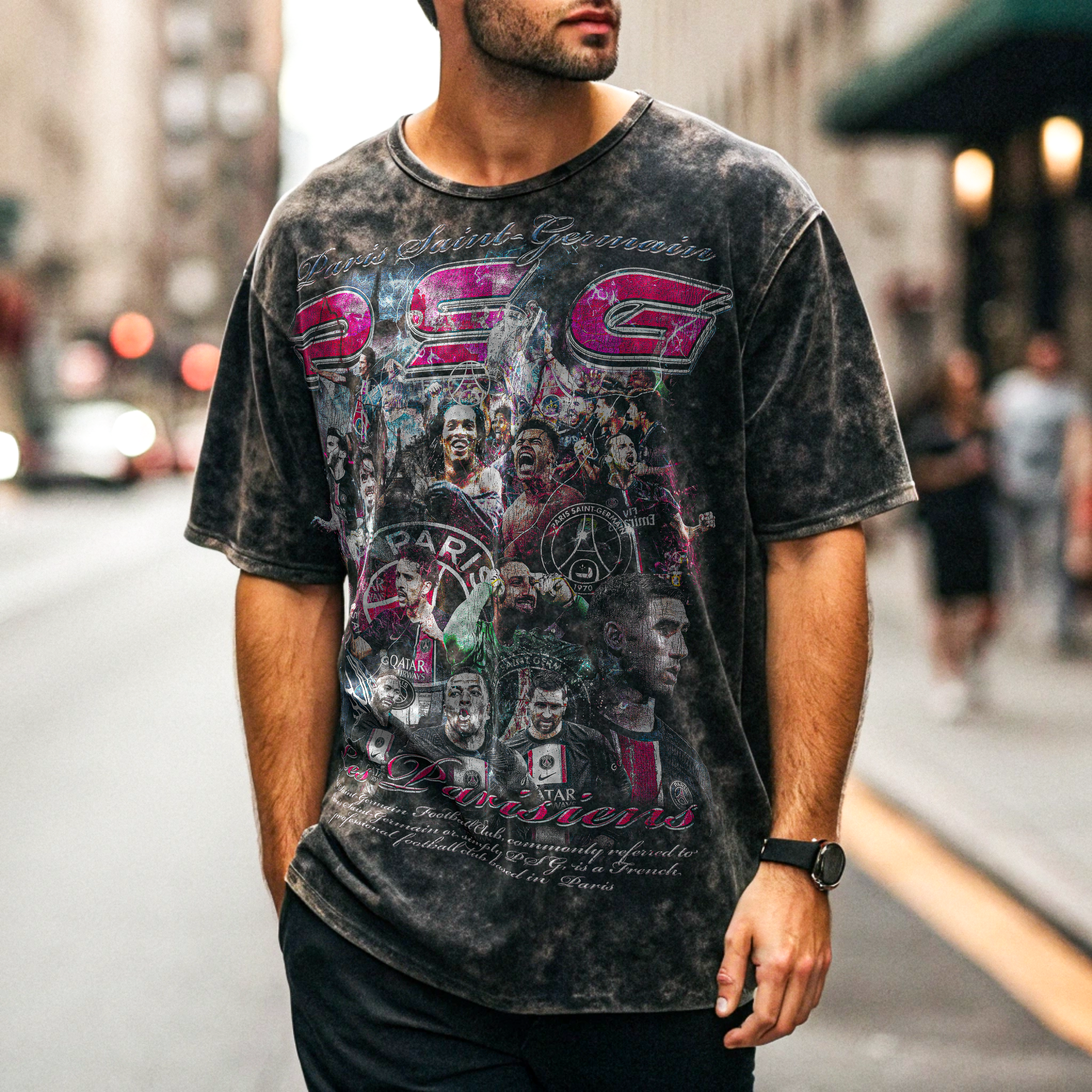 Vintage PSG Football Acid Wash Oversize T-Shirt - 250 GSM